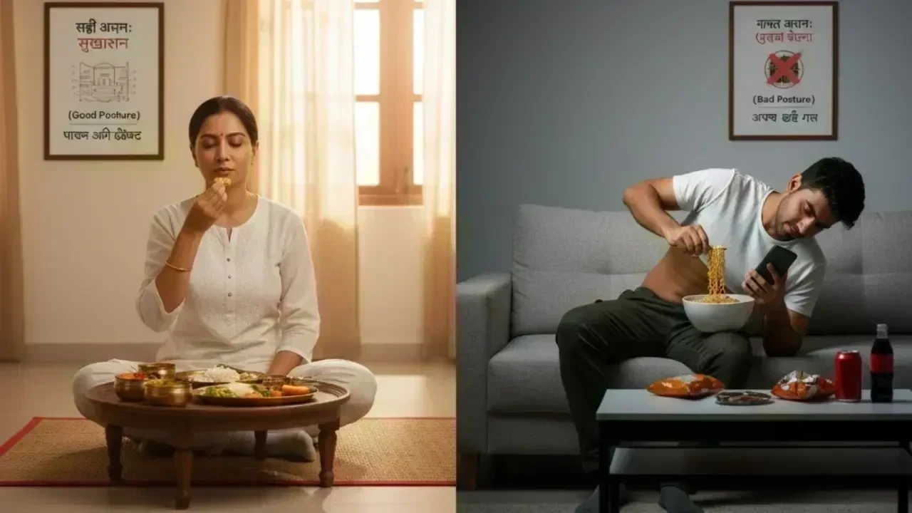 गलत बैठने का तरीका सच में बिगाड़ सकता है आपका डाइजेशन? जानिए आयुर्वेद के 5 महत्वपूर्ण नियम