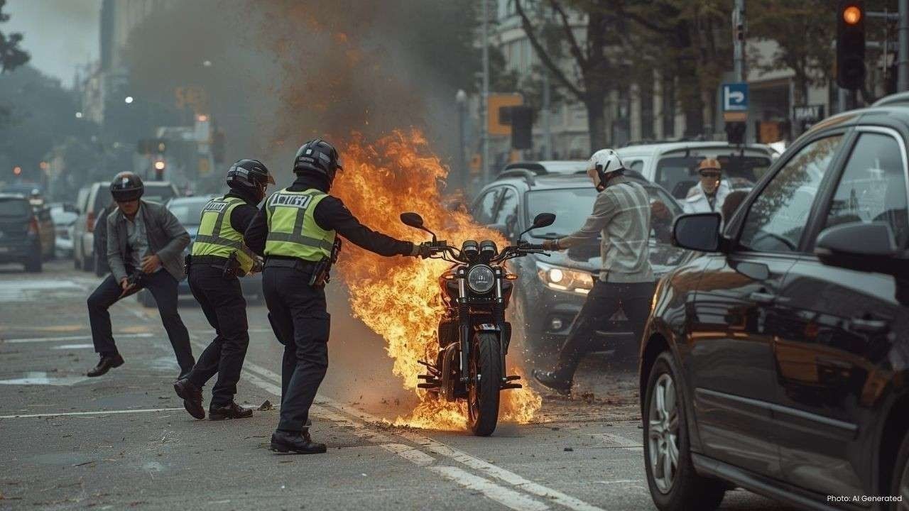 अंब में चलती बाइक में आग, ट्रैफिक पुलिस ने टाला बड़ा हादसा