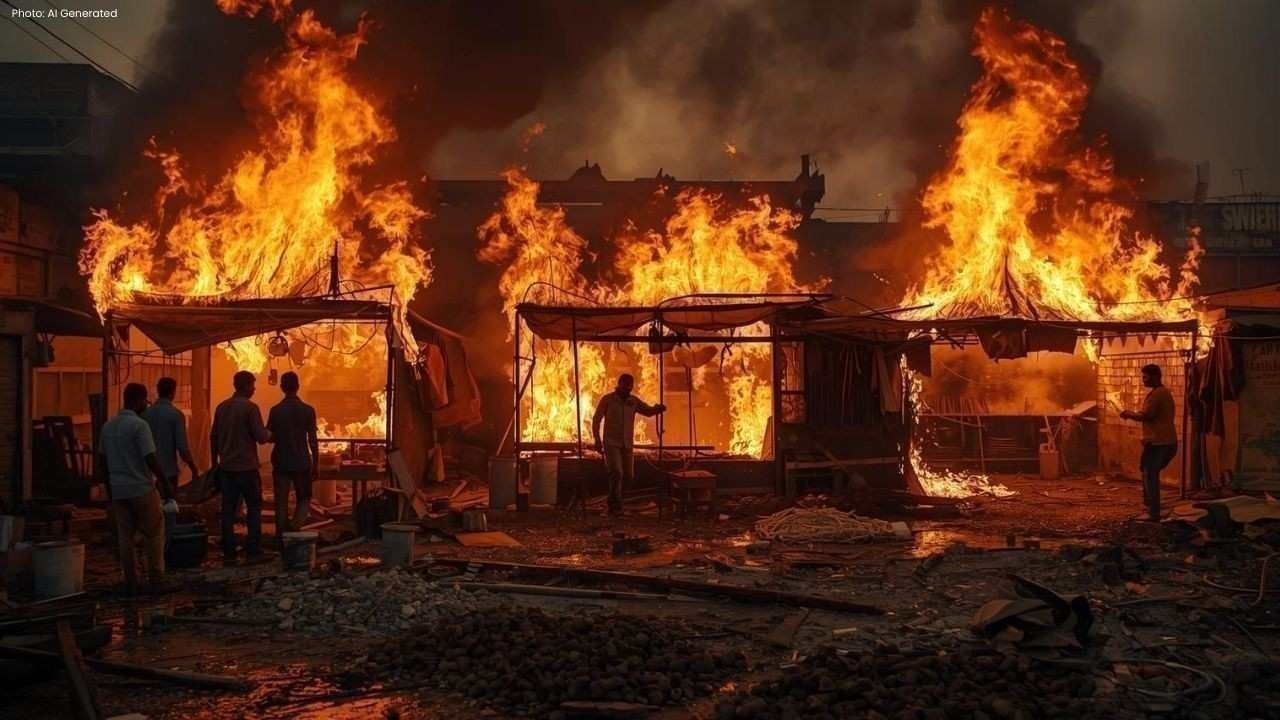 निरंजनपुर सब्जी मंडी में आग: तीन दुकानें जलकर राख, दो लोग फंसे सुरक्षित निकाले गए