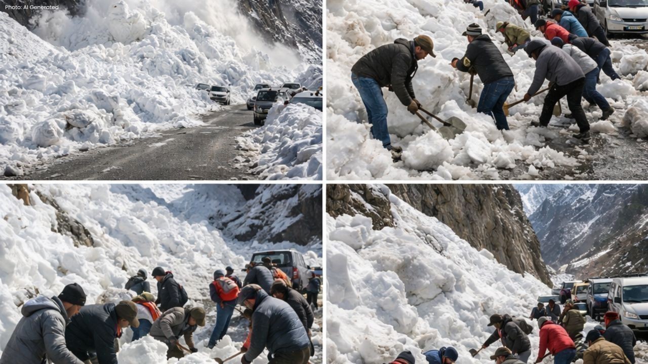 दारचा में पहाड़ी से बर्फ गिरने से सड़क अवरुद्ध, सैलानी लगे सफाई में