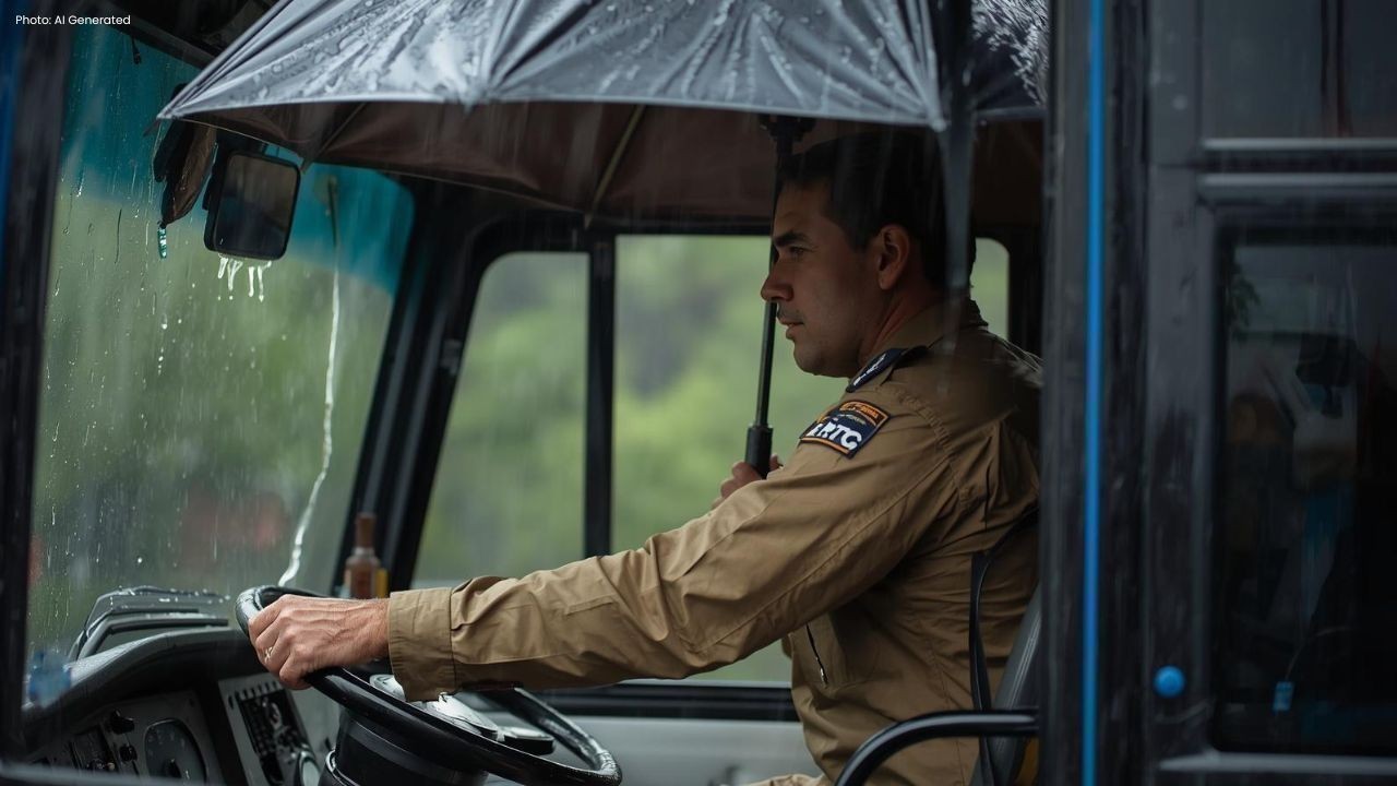 HRTC बस की छत से पानी टपकने पर ड्राइवर ने छाता पकड़े बस चलाई