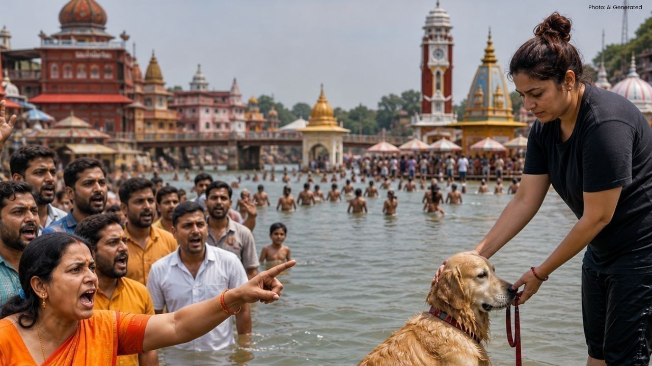हरिद्वार श्रद्धानंद घाट पर महिला का कुत्ता नहलाने पर विवाद, बहस बढ़ी
